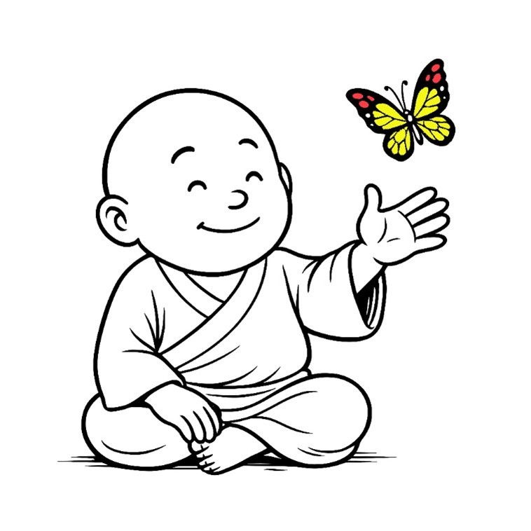 lineart van een monnikje, dat vriendelijk hun hand opsteekt naar een geel rode vlinder